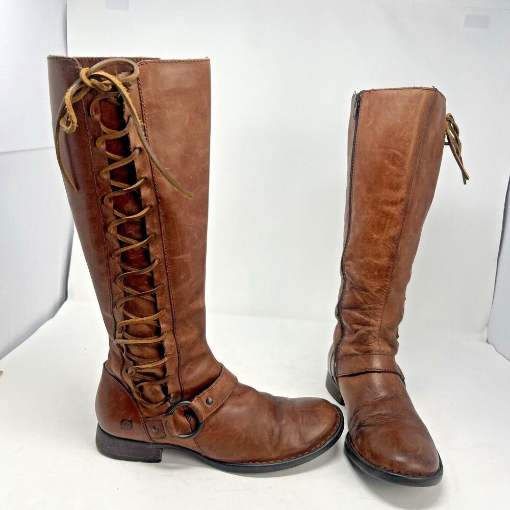 BORN Estelle Handcrafted  Brown Lace Leather Zip Riding Harness Tall Boots